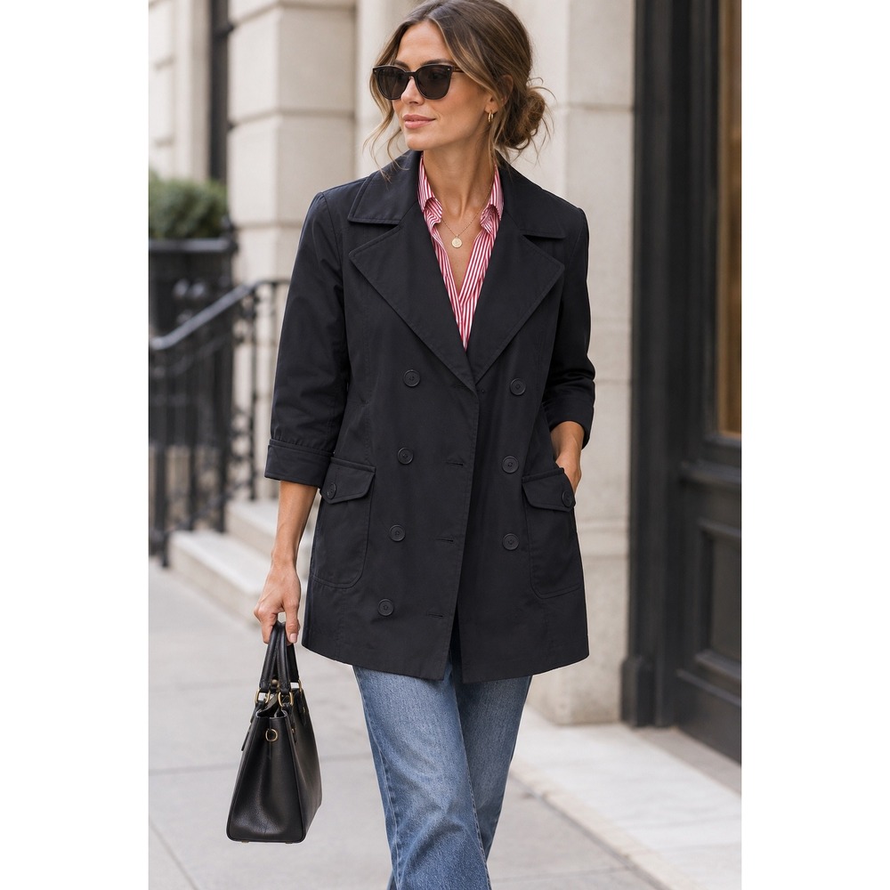 Vertigo Paris Jacket Women Size M Black 3/4 Sleeve Double Breasted Trench Coat